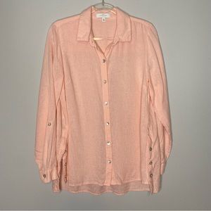 New Directions Pink Linen Blend Roll Tab Sleeve Button Down Shirt Womens Sz M